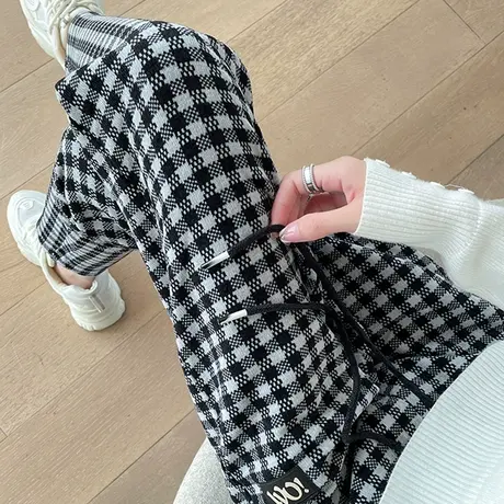 黑白格子裤女2023春秋新款高腰直筒宽松显瘦九分小个子休闲哈伦裤图片