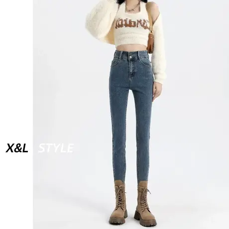 复古小脚牛仔裤女秋冬2023新款加绒加厚弹力九分高腰显瘦铅笔裤子商品大图