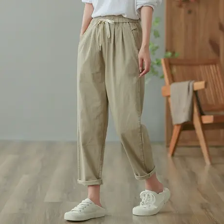 dza 高腰显瘦宽松直筒裤子女士春秋长裤休闲哈伦裤百搭纯棉抽绳裤商品大图