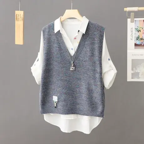 秋冬上衣外穿叠穿无袖坎肩宽松慵懒风针织马甲毛衣女背心无袖上衣图片