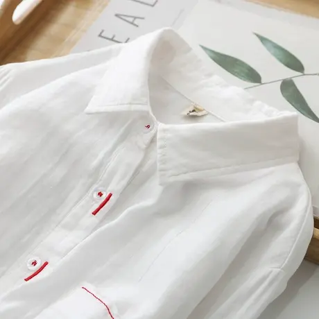 春秋季简约文艺刺绣百搭双层棉纱白色长袖衬衫女宽松百搭打底衬衣图片