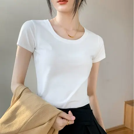 歌倍尚白色短袖t恤女夏季圆领正肩修身纯色净版基础款半袖上衣棉t图片