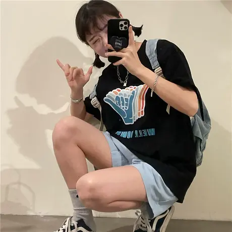 原创潮牌2023新款夏装百搭宽松慵懒风oversize纯棉短袖T恤女ins商品大图