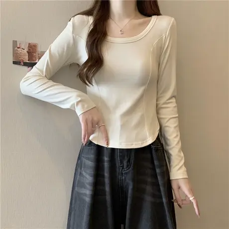 德绒保暖打底衫女内搭秋冬别致鱼骨长袖加绒加厚长袖T恤短款上衣商品大图