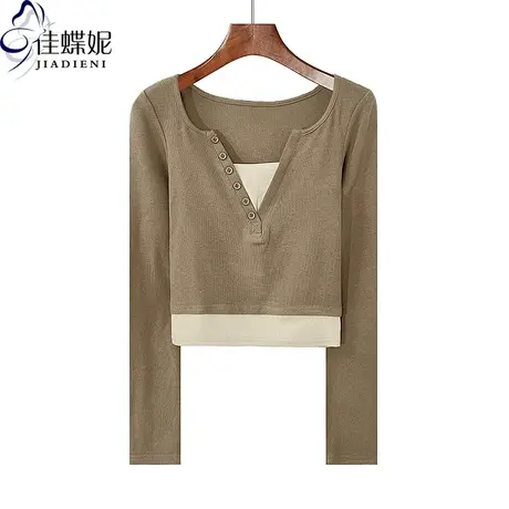 秋冬新款V领假两件拼接修身纯欲短款纯棉撞色长袖体恤上衣女打底商品大图