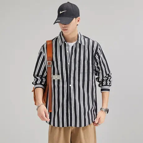 Modi Nick/摩帝尼克秋季男士日系复古宽条纹衬衫重磅水洗高端衬衣图片