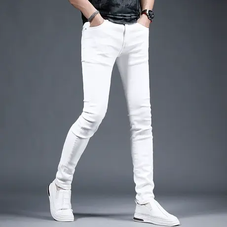 纯白色牛仔裤男修身小脚春季薄款2023新款高弹力简约男士裤子长裤图片