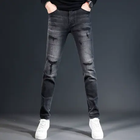黑灰色破洞牛仔裤男2023新款潮流补丁修身小脚男士秋冬款弹力裤子商品大图