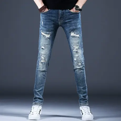 男士秋冬季牛仔裤男款破洞补丁修身小脚裤子韩版潮流潮牌裤子休闲商品大图