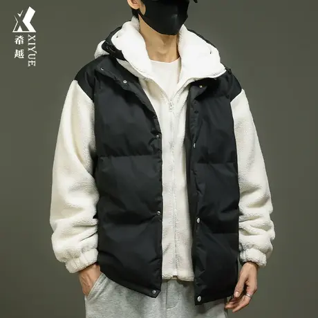 希越冬季假两件拼接棉衣男士连帽夹克宽松大码雪尼尔棉服加厚外套商品大图