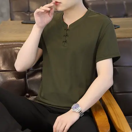 2021夏季潮流个性潮男短袖T恤韩版修身V领半袖棉麻衣服中国风男装商品大图