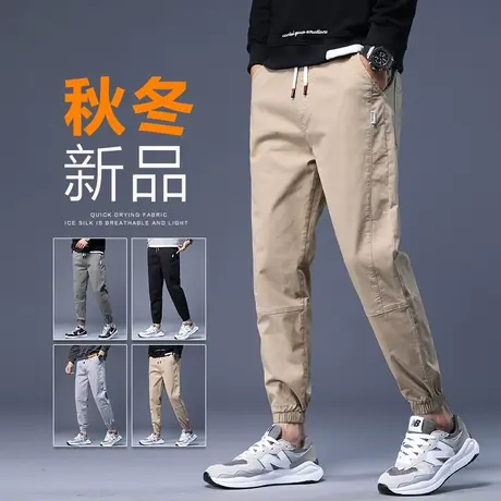 卡其色纯棉工装裤男士束脚宽松紧腰潮牌休闲长裤子男裤春季春秋款商品大图