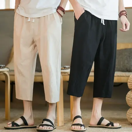 夏季薄款七分裤男士宽松棉麻5五分中裤子7分运动短裤潮流休闲马裤商品大图