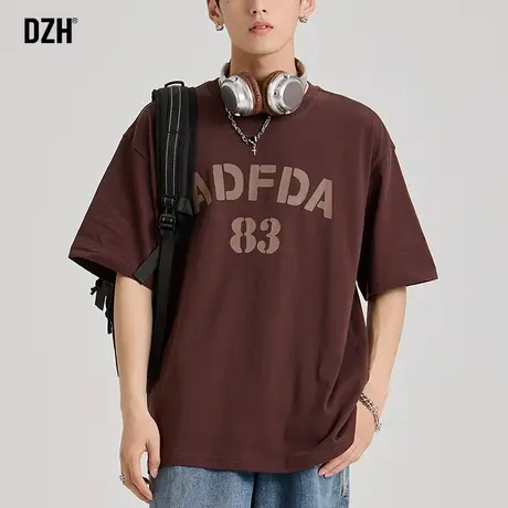 男士美式咖色t恤男潮牌纯棉短袖夏季男款印花体恤2023新款五分袖商品大图