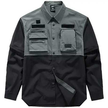 VIP机能长袖衬衫男潮牌ins拼接假两件多口袋工装外套赛博朋克衬衣商品大图