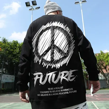 oversize秋冬季宽松反战加肥加大码圆领加绒胖子潮牌卫衣潮流男潮图片