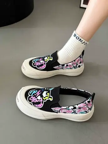 小众设计涂鸦帆布鞋女2023夏季新款一脚蹬厚底女鞋懒人休闲乐福鞋商品大图