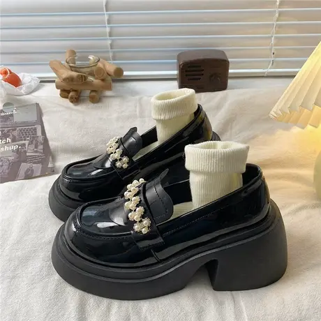 增高厚底黑色小皮鞋女2023年夏季新款复古英伦风日系粗高跟单鞋子商品大图