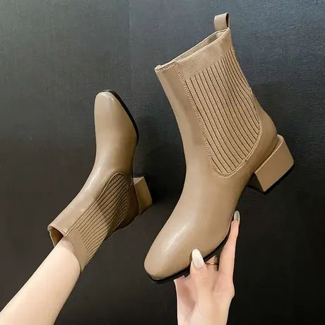 短筒瘦瘦靴女粗跟2022年秋冬新款拼接针织高跟短靴方头百搭短筒靴图片