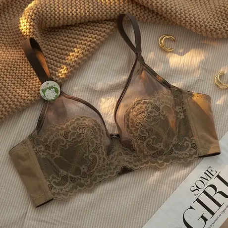 内衣女性感蕾丝超薄防凸点夏季透气聚拢文胸套装胸大显小法式胸罩商品大图