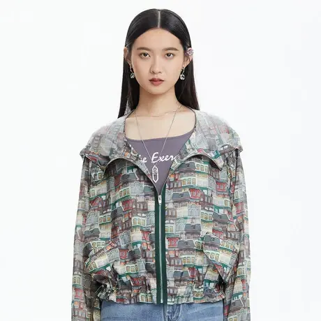 LANCY/朗姿夏季新款短外套连帽女薄款印花通勤印花商场同款奥莱图片