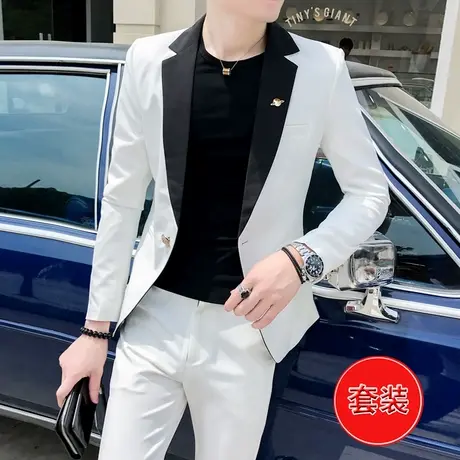 夜场男士职业韩版帅气西装社会小伙网红潮牌粉色小西服一套装礼服图片