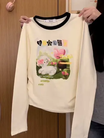 红续插画小羊拼色加绒长袖T恤女日系小个子收腰内搭上衣秋冬新款图片