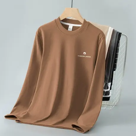 重磅德绒t恤男长袖秋冬保暖内搭打底衫双面绒字母印花圆领上衣服商品大图