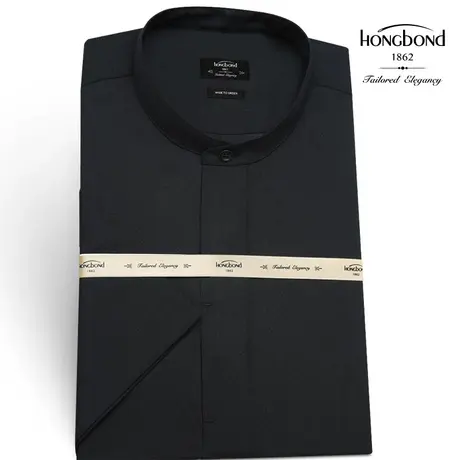 红邦创衣 2023立领亚麻衬衫男黑色短袖商务正装轻薄透气衬衣工装图片