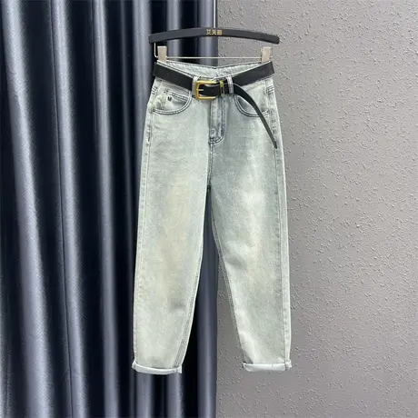 欧货个性刺绣牛仔裤女2024春季新款浅蓝色高腰时尚百搭小脚哈伦裤商品大图