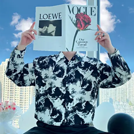 秋季个性水墨扎染垂感长袖花衬衫男宽松休闲上衣高级感发型师衬衣商品大图