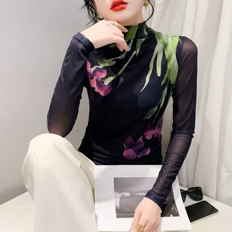 欧货半高领长袖打底衫女网纱印花透气秋冬新款洋气上衣内塔T恤ins商品大图
