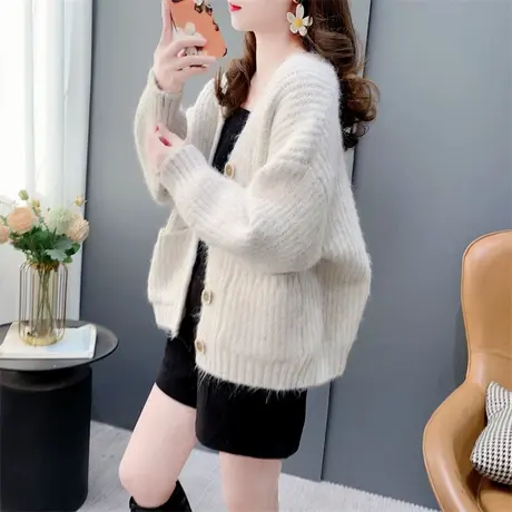 潮牌粗毛线V领毛衣外套女2023年秋冬新款宽松慵懒风加厚针织开衫商品大图