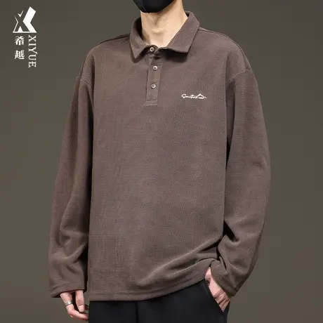 希越华夫格咖色POLO衫男2024春季新款美式宽松大码男士高级感上衣图片