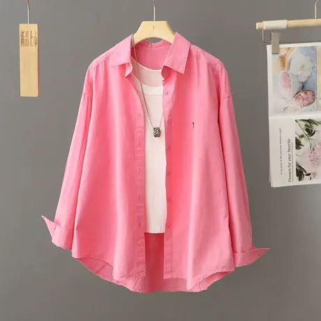 韩版宽松慵懒风衬衫女式薄外套2024年春秋新款上衣外穿玫红色衬衣商品大图