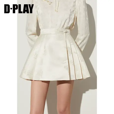 DPLAY2025春季新中式女装杏色短款马面裙国风提花缎面半身裙商品大图