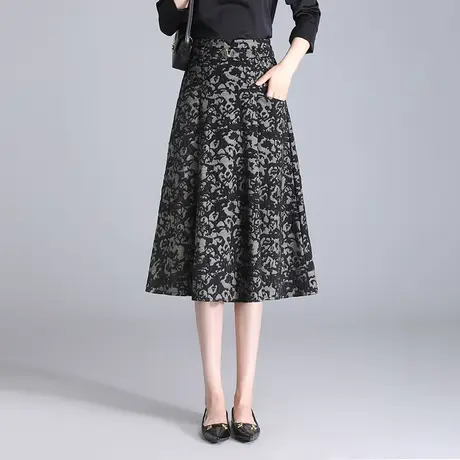 复古高腰印花a字裙半身裙女春季2024新款气质显瘦中长款遮胯伞裙商品大图