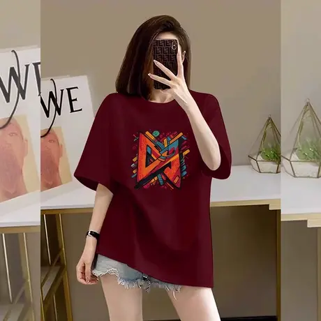 红色短袖T恤女2024龙年新款本命年喜庆大码宽松纯棉打底内搭上衣商品大图