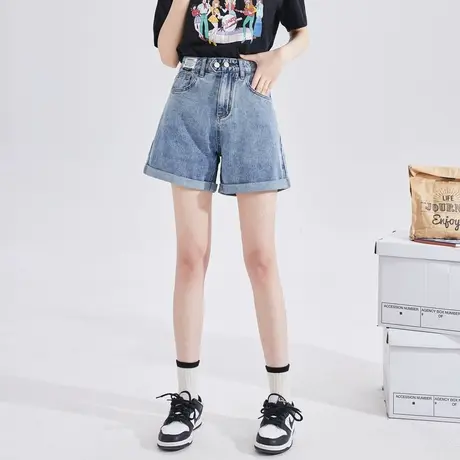 唐狮23春夏装女牛仔短裤宽松翻边高腰显瘦多扣显高潮流个性DK图片