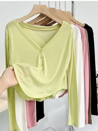 V领高腰短款露腰微透T恤薄宽松防晒衫空调衫罩衫瑜伽健身舞蹈服女图片