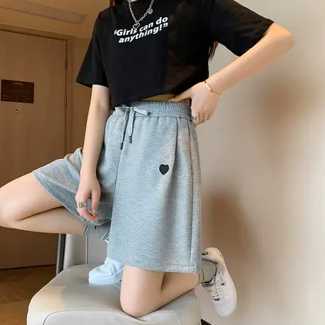 华夫格阔腿五分裤女夏装2024新款宽松高腰百搭运动休闲短裤ins潮商品大图