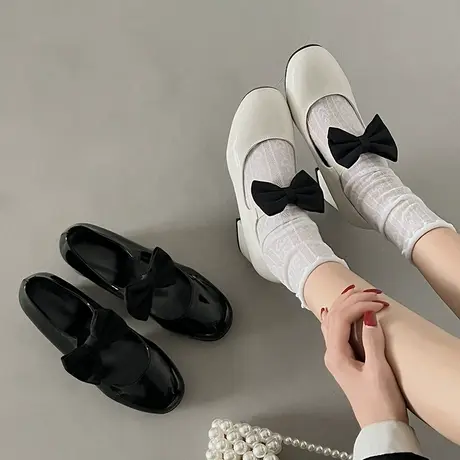2024春季新款仙女蝴蝶结小香风单鞋女粗跟玛丽珍鞋漆皮高跟鞋白色图片