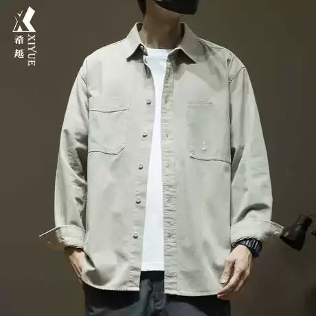 日系长袖衬衫男2024春季新款潮牌珠帆布衬衣宽松大码男士翻领外套商品大图
