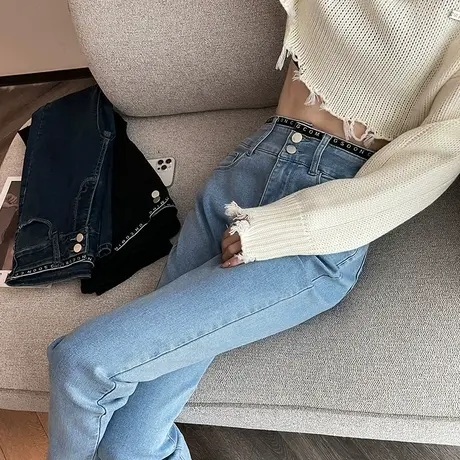 高腰窄版直筒牛仔裤女2024春秋新款九分小个子弹力显瘦百搭烟管裤图片
