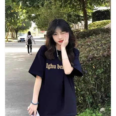 纯棉美式短袖t恤女夏季小众设计感休闲宽松半袖港风chic上衣潮ins商品大图