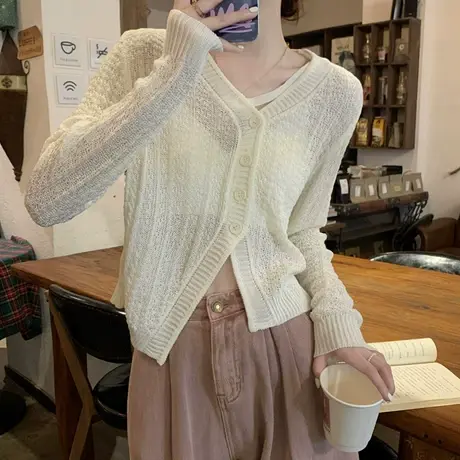 不规则设计感v领针织衫女2023新款春夏薄款宽松外搭开衫上衣外套图片