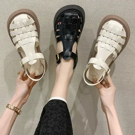 罗马凉鞋女夏2022年新款百搭编织包头爆款ins超火黑色厚底松糕鞋图片