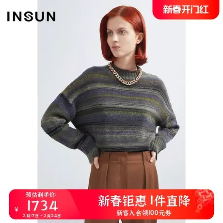 INSUN恩裳冬季羊毛渐变多色纱线复古毛织衫商品大图