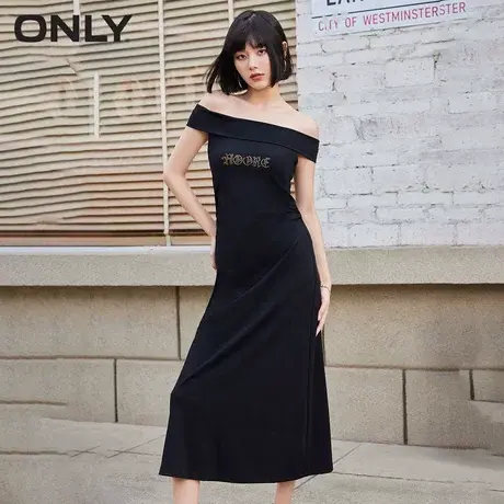 ONLY奥莱春季新款简约百搭烫钻一字领中长款连衣裙女图片