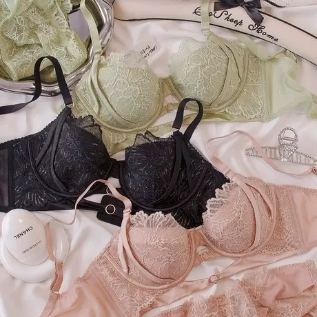 纯欲风性感镂空蕾丝文胸套装有钢圈薄大胸显小内衣少女图片
